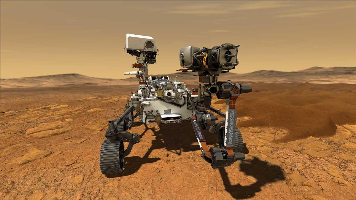 This illustration depicts NASA's Perseverance rover operating on the surface of Mars. Perseverance will land at the Red Planet's Jezero Crater a little after 3:40 p.m. EST (12:40 p.m. PST) on Feb. 18, 2021. Credits: NASA/JPL-Caltech.