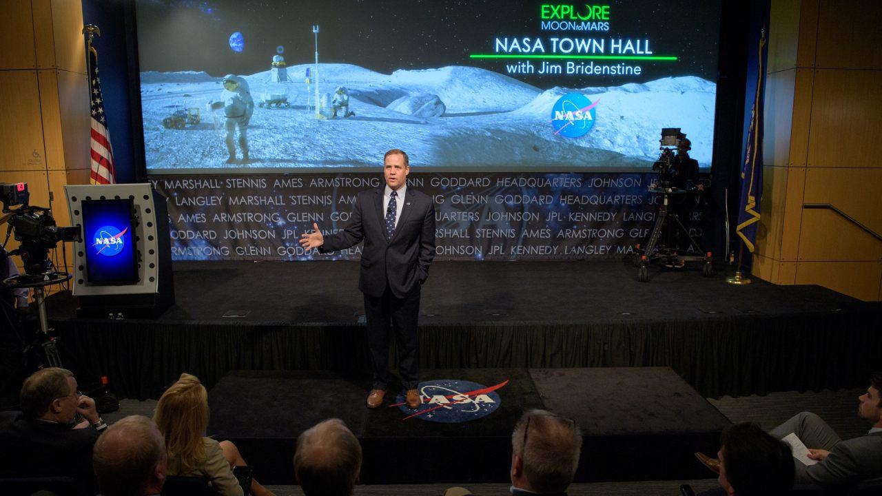 NASA Administrator Jim Bridenstine is seen during a NASA town hall event, Monday, April 1, 2019 at NASA Headquarters in Washington. Photo Credit: (NASA/Bill Ingalls)
