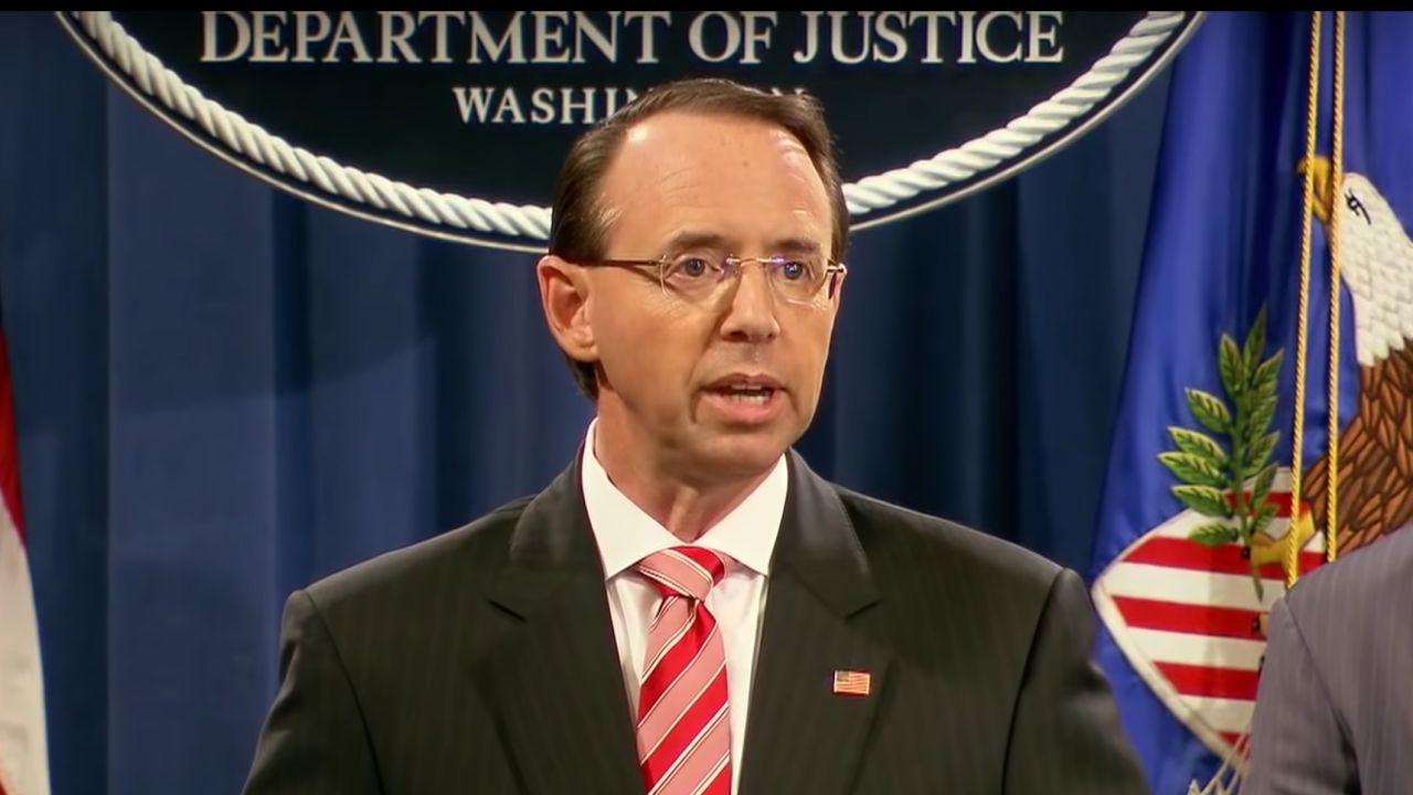 Deputy Attorney General Rod Rosenstein holds a press conference to announce that 12 Russian intelligence officers have been indicted for hacking the Democratic National Committee during the 2016 election. (Fox News Screen Grab)