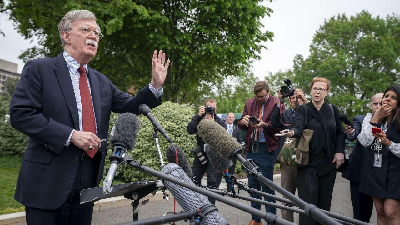 Former White House National Security Advisor Ambassador John Bolton talks to reporters Wednesday, May 1, 2019, outside the West Wing entrance of the White House. (Official White House Photo by Tia Dufour)