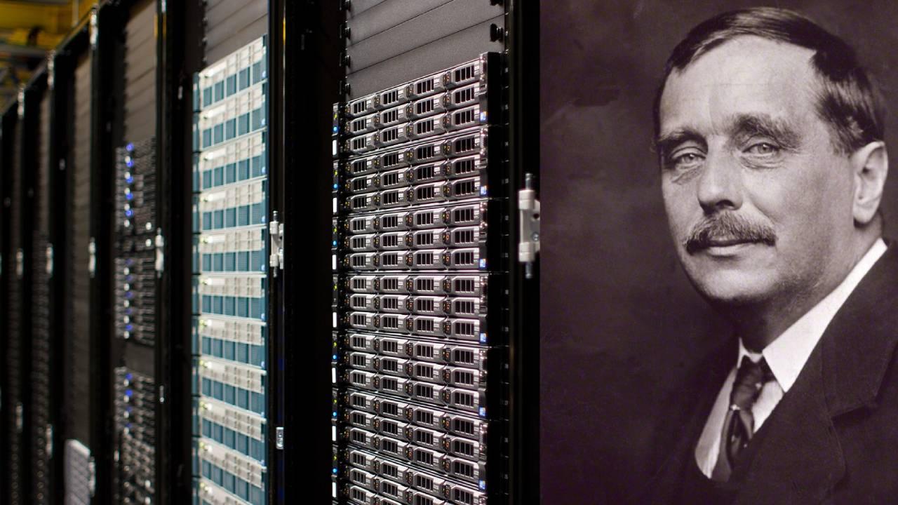 Left: Datacenter Servers, Right: H.G. Wells. Photos: Wikimedia, CC BY-SA 3.0