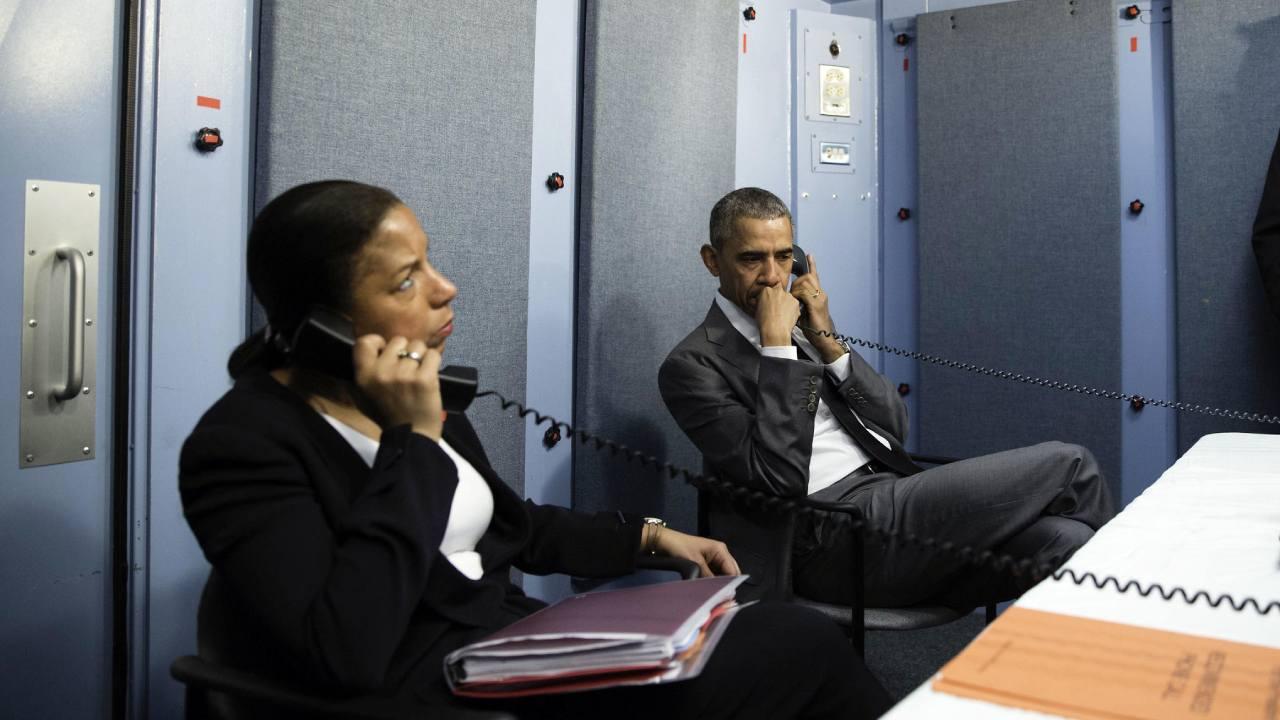 President Barack Obama and National Security Advisor Susan E. Rice talk on the phone with Homeland Security Advisor Lisa Monaco to receive an update on a terrorist attack in Brussels, Belgium. March 22, 2016. (Official White House Photo by Pete Souza)