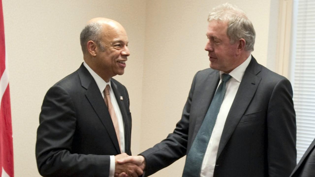 Obama's Secretary of Homeland Security Jeh Johnson hosts a meeting with Sir Kim Darroch, British Ambassador to the U.S. in Washington, D.C., May 4, 2016. Note the year. Official DHS photo by Barry Bahler.