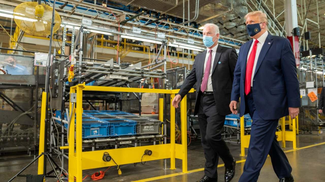 President Trump participates in a tour with VP of Whirlpool’s Integrated Supply Chain and Quality Jim Keppler, August 6, 2020, at the Whirlpool Corporation Manufacturing Plant in Clyde, Ohio. (Official White House Photo by Shealah Craighead)
