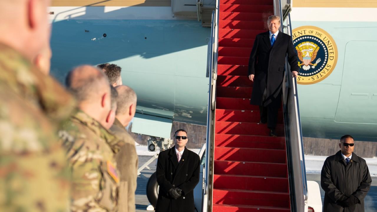President Donald Trump arrives at Joint Base Elmendorf-Richardson, Thursday, Feb. 28, 2019, in Anchorage, Alaska., for a troop visit following his second summit with North Korean leader Kim Jong Un in Vietnam. (Official White House Photo)