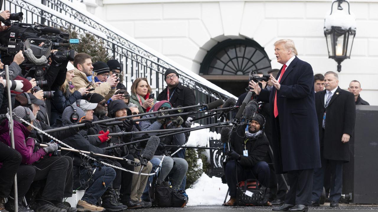 President Donald J. Trump speaks to the press before departing the South Lawn of the White House Monday, January 14, 2019, en route to Joint Base Andrews, Maryland to begin his trip to New Orleans, Louisiana. (Official White House Photo)