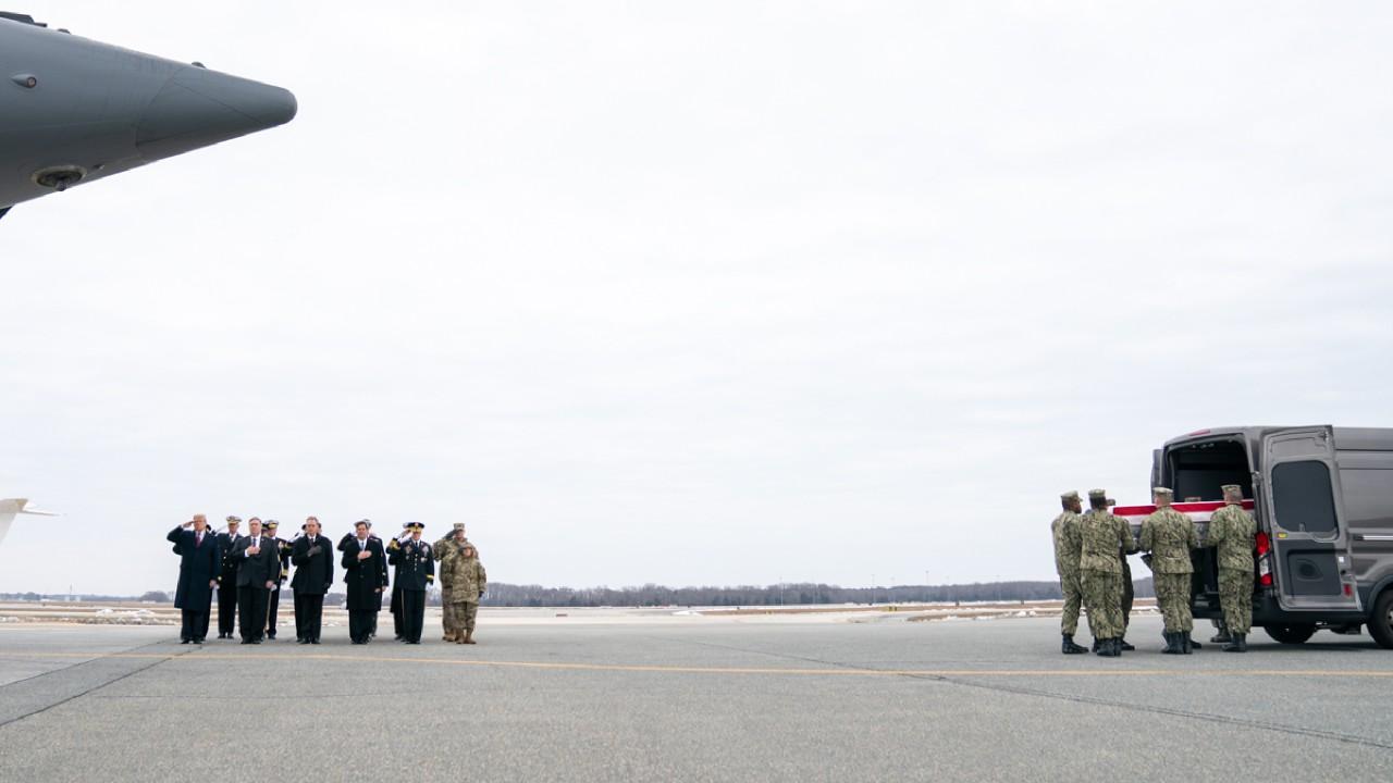 President Trump, joined by the Secretary of State and acting Secretary of Defense, attend the dignified transfer of remains Saturday, Jan 19, 2019, at Dover Air Force Base in Dover, DE, for four Americans killed in a suicide explosion Wednesday in Syria. 
