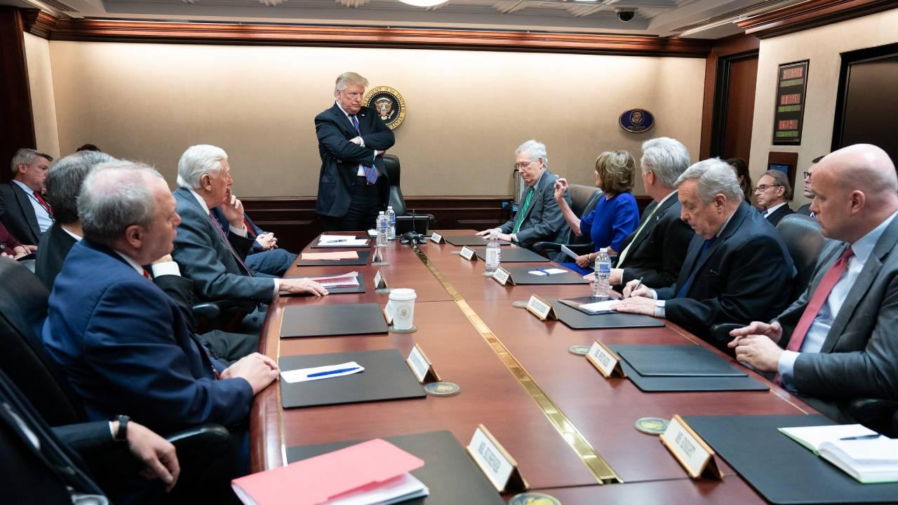 President Donald J. Trump, joined by Vice President Mike Pence, meets with Congressional leadership Wednesday, January 4, 2019, in the Situation Room. (Official White House Photo by Shealah Craighead)