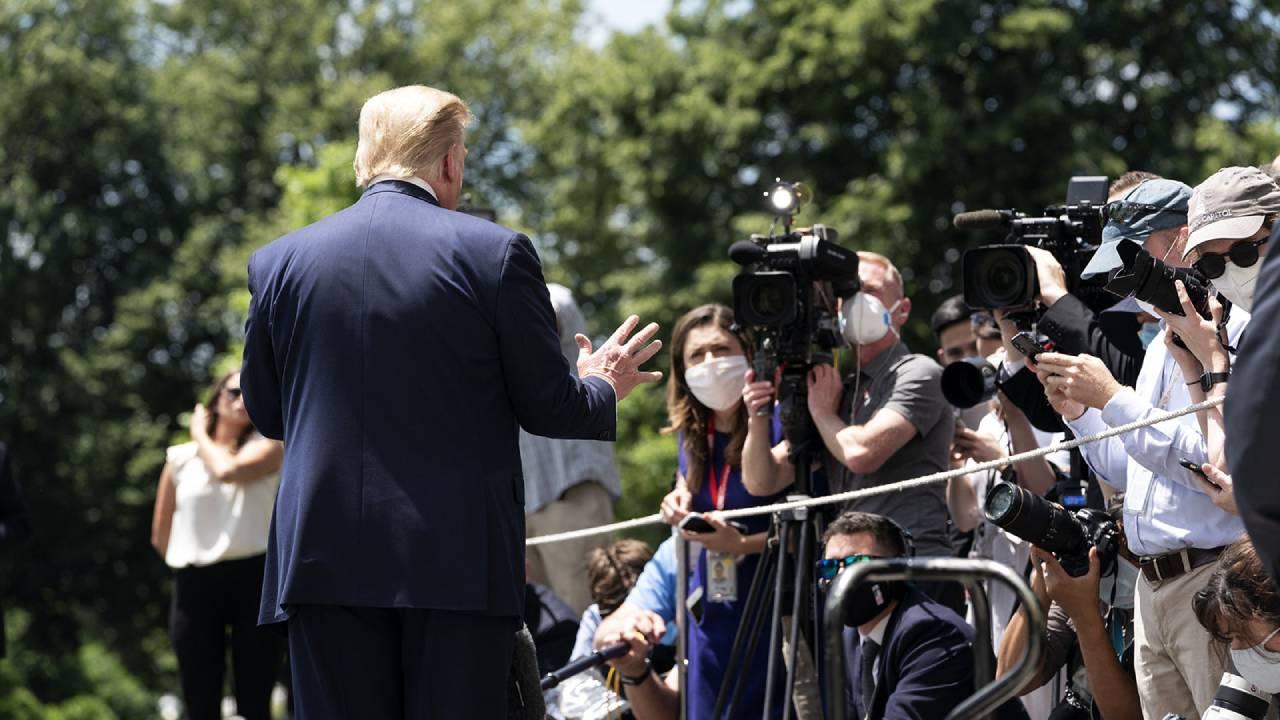 President Donald J. Trump takes questions from the press on the South Lawn of White House prior to boarding Marine One for Joint Base Andrews Md. Saturday, May 30, 2020, for his trip to Cape Canaveral, Fla. (Official WH Photo by Joyce N. Boghosian)