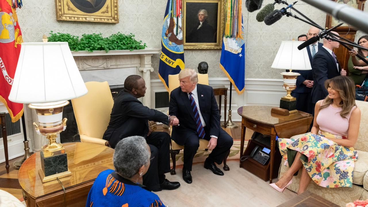 President Donald J. Trump and the President of the Republic of Kenya are joined by First Lady Melania Trump and Mrs. Kenyatta in the Oval Office | August 27, 2018 (Official White House Photo by Andrea Hanks)