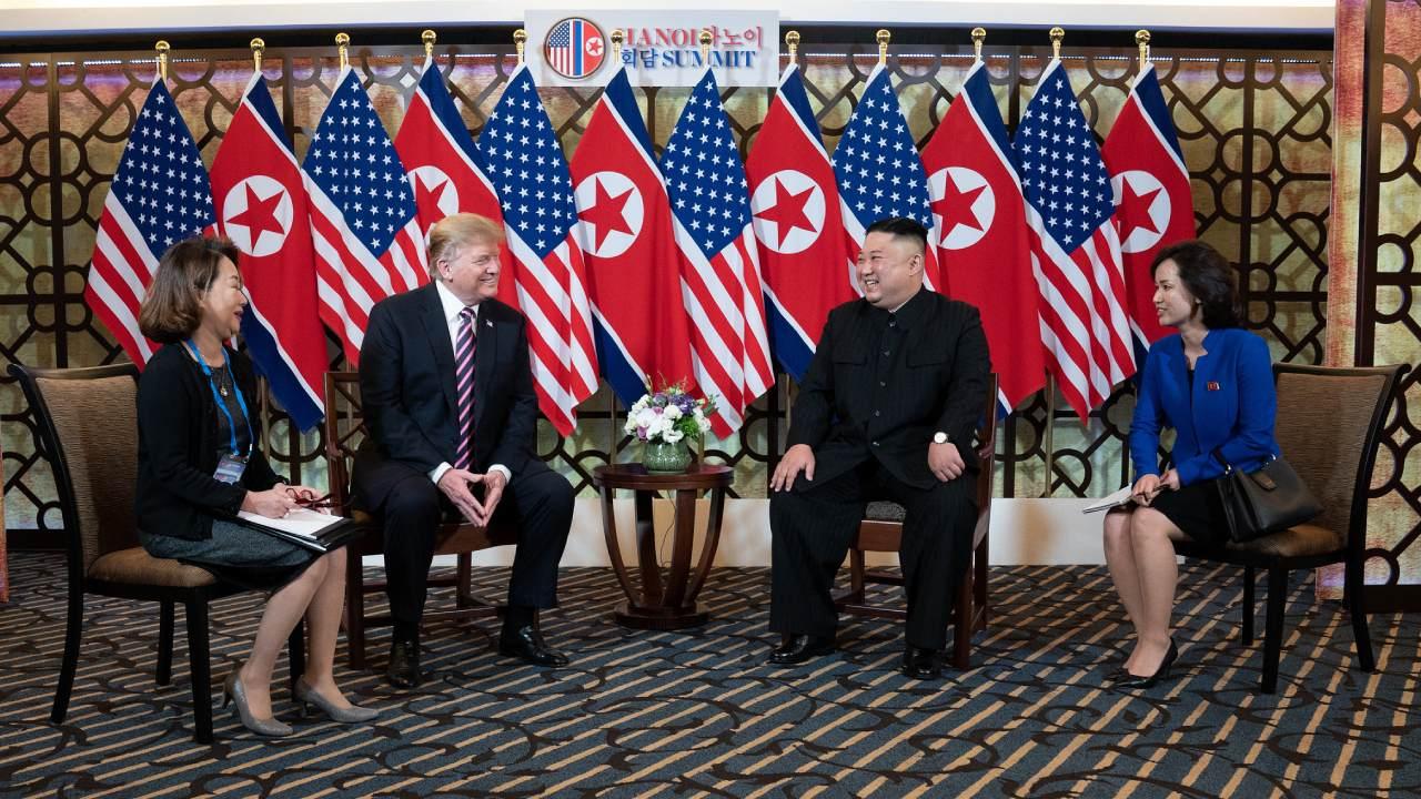President Donald J. Trump and Kim Jong Un, Chairman of the State Affairs Commission of the Democratic Peopleâs Republic of Korea talk Wednesday, Feb. 27, 2019, at the Sofitel Legend Metropole hotel in Hanoi, for their second summit meeting.