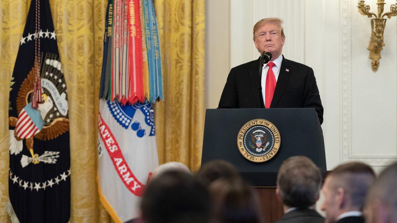 President Donald J. Trump presents the Medal of Honor to U.S. Army Staff Sgt. Travis W. Atkins Wednesday, March 27, 2019, in the East Room of the White House. (Official White House Photo by Shealah Craighead)