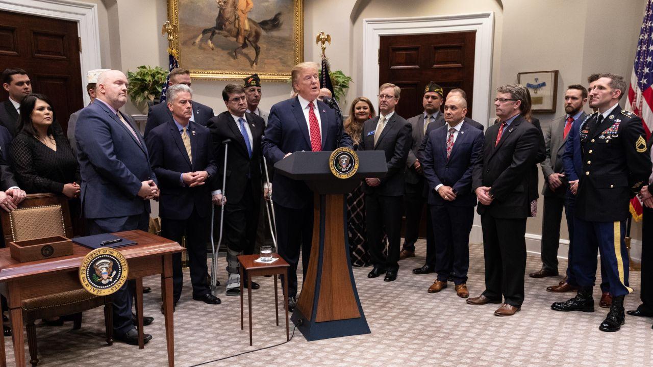 President Trump announces he will be visiting the tornado ravaged area of Lee County Alabama, prior to signing an executive order for a âNational Roadmap to Empower Veterans and End a National Tragedy of Suicide- the PREVENTS Initiative,â March 5, 2019.