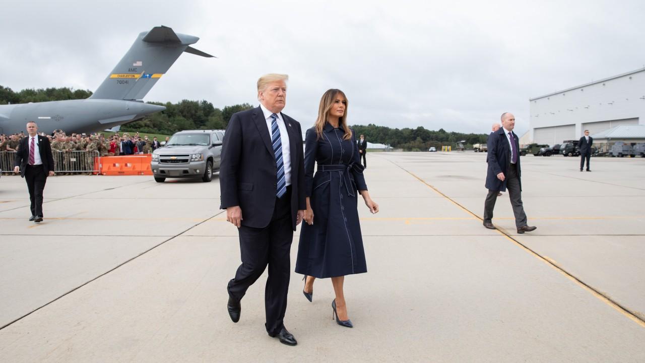 President Trump and First Lady Melania arrive to the John Murtha Johnstown-Cambria County Airport in Johnstown, Pa. on their way to attend 9/11 anniversary memorial ceremonies Tuesday, Sept, 11, 2018, at the Flight 93 National Memorial in Shanksville, Pa.