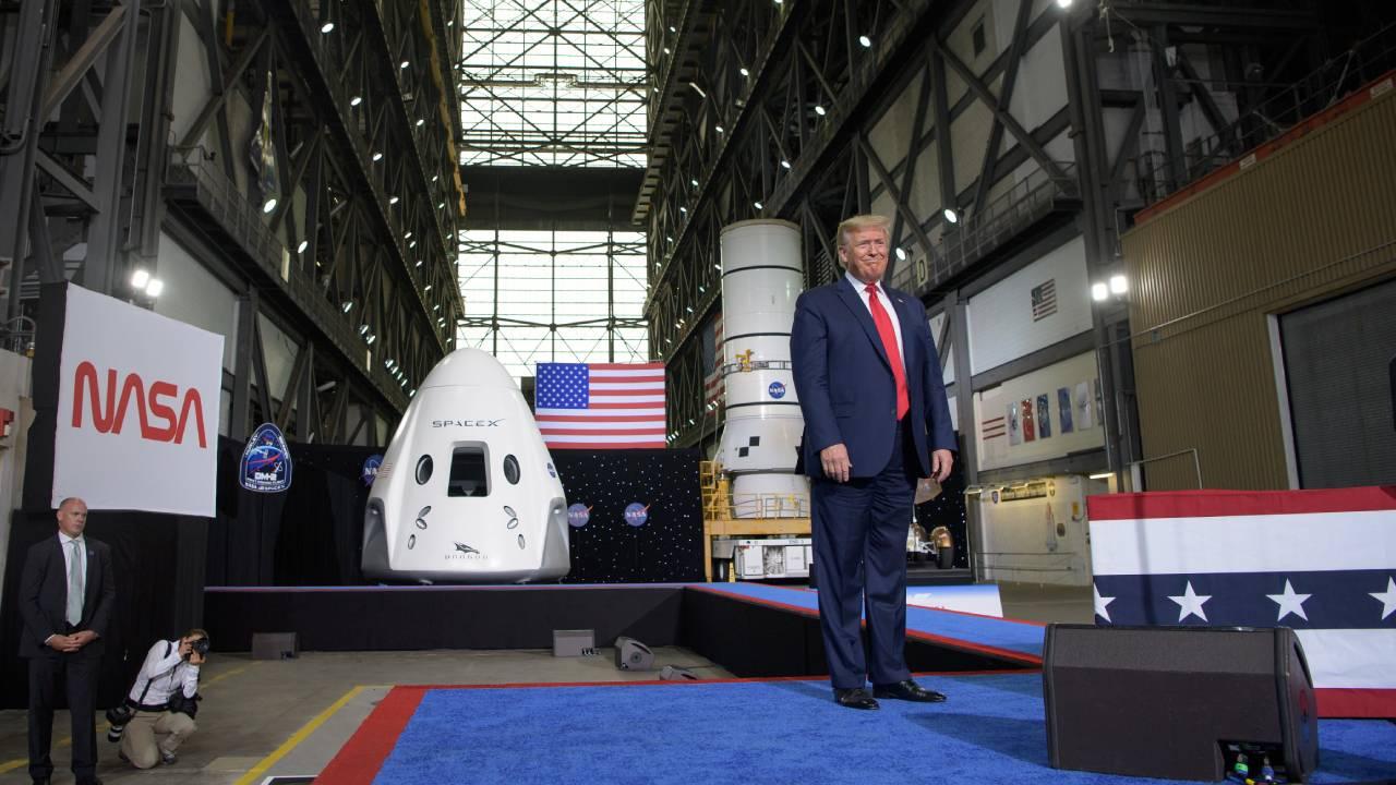President Donald Trump speaks inside the Vehicle Assembly Building following the launch of a SpaceX Falcon 9 rocket. NASA’s SpaceX Demo-2 mission is the first launch with astronauts of the SpaceX Crew Dragon spacecraft and Falcon 9 rocket to the ISS.