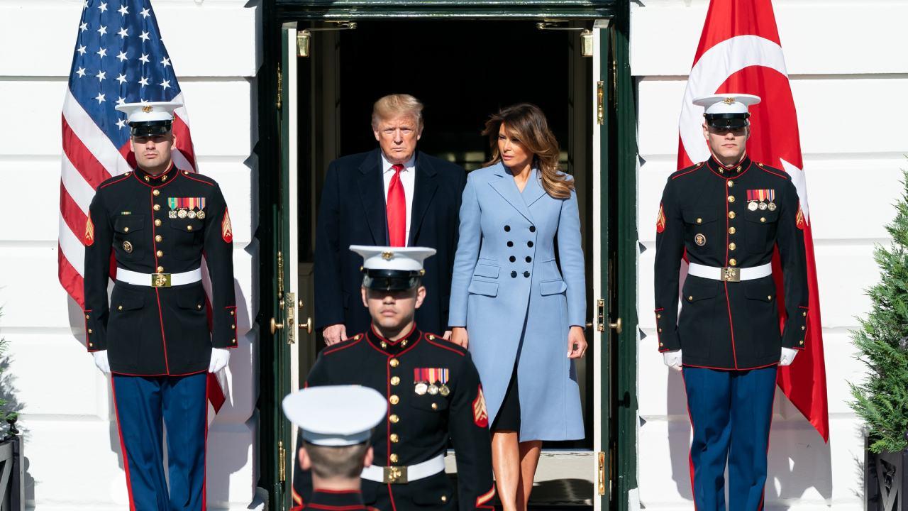 President Donald J. Trump and First Lady Melania Trump await the arrival of the Turkish President Recep Tayyip Erdogan and his wife Mrs. Emine Erdogan Wednesday, Nov. 13, 2019, at the South Portico of the White House. (Official White House Photo)