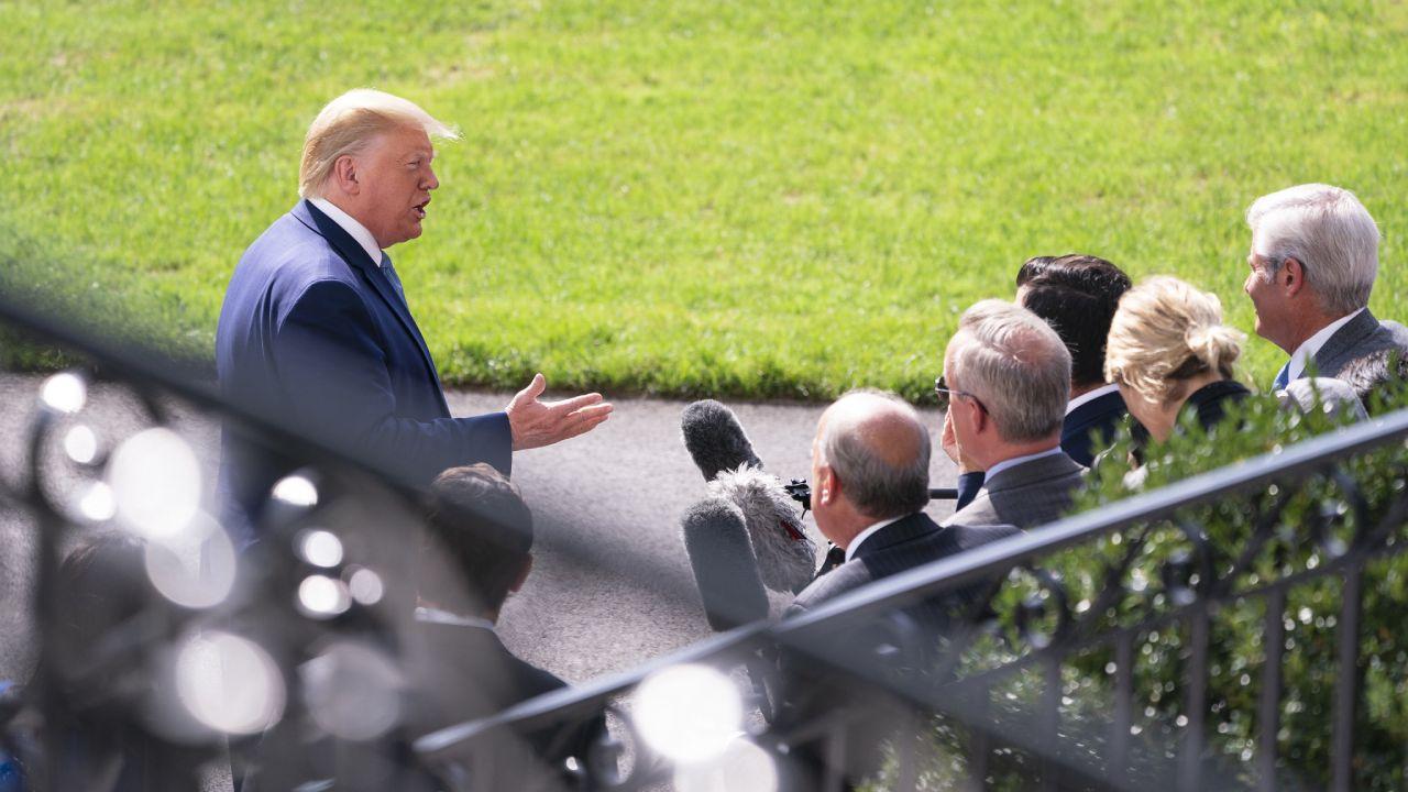 President Donald J. Trump talks to members of the press on the South Lawn of the White House Friday, October 4, 2019, prior to boarding Marine One en route the Walter Reed Emergency Landing Zone in Bethesda, Md. (Official White House Photo)