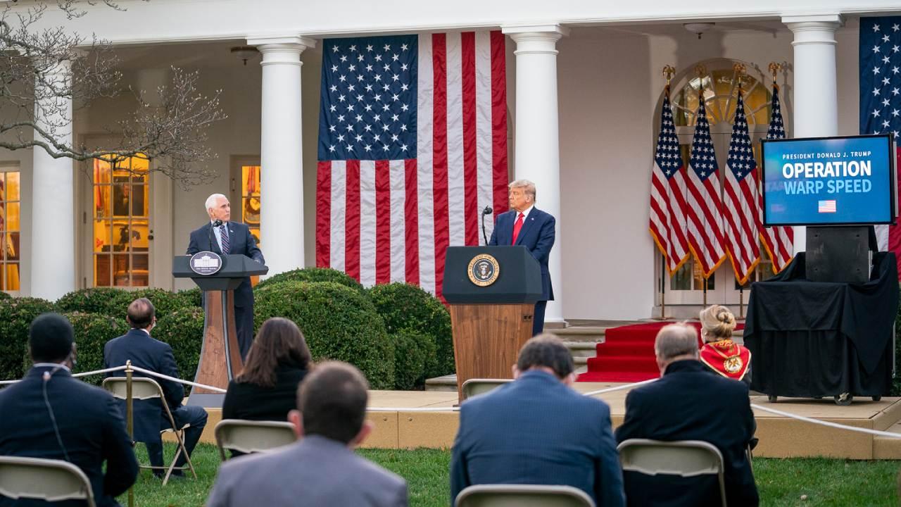 President Donald J. Trump listens as Vice President Mike Pence delivers remarks Friday, Nov. 13, 2020, during an update of Operation Warp Speed in the Rose Garden of the White House. (Official White House Photo by Delano Scott)