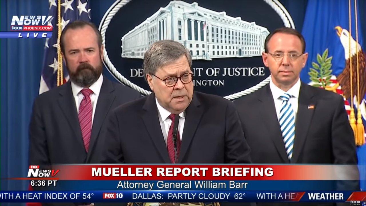 Attorney General William Barr gives a briefing on the findings in the Muller report at a news conference. April 18, 2019 (Fox News / Screengrab)