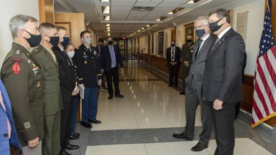 Acting Defense Secretary Christopher C. Miller introduces Lithuanian Defense Minister Raimundas Karoblis at the Pentagon, Nov. 13, 2020. Photo By: Marv Lynchard, DOD