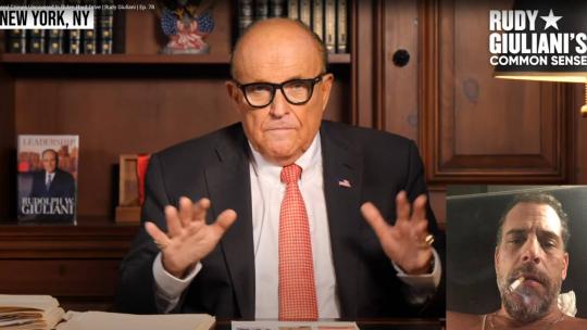 Rudy Giuliani seen here speaking on his Youtube show, "Common Sense". Inset: Photo of Hunter Biden from the hard drive.