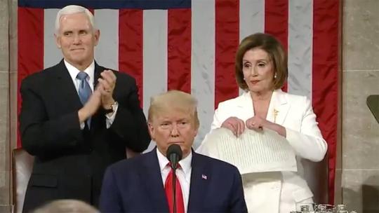 During Trump's State of the Union 2020, Nancy Pelosi rips her copy of the speech to shreds.