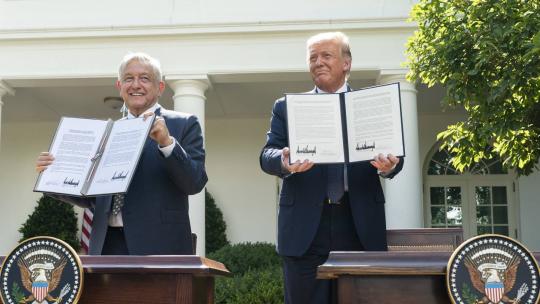 President Donald J. Trump and President of the United Mexican States Andres Manuel Lopez Obrador display their signatures after signing a joint declaration Wednesday, July 8, 2020, in the Rose Garden of the White House. (Official White House Photo)