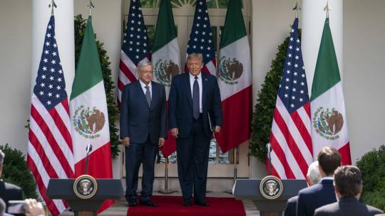 President Donald J. Trump, joined by the President of the United Mexican States Andres Manuel Lopez Obrador, walks from the Oval Office to deliver remarks Wednesday, July 8, 2020, and sign a joint declaration in the Rose Garden of the White House. 