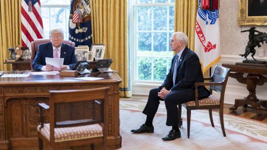 President Trump, joined by Vice President Pence, talk with military family members in the Oval Office of the White House Wednesday, April 1, 2020, during a conference call town hall to discuss the military response to the COVID-19 outbreak. (WH Photo)