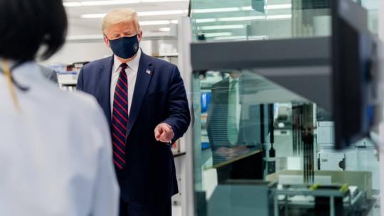 President Donald J. Trump speaks with laboratory personnel during a tour Monday, July 27, 2020, at the Bioprocess Innovation Center at Fujifilm Diosynth Biotechnologies in Morrisville, N.C. (Official White House Photo by Shealah Craighead)